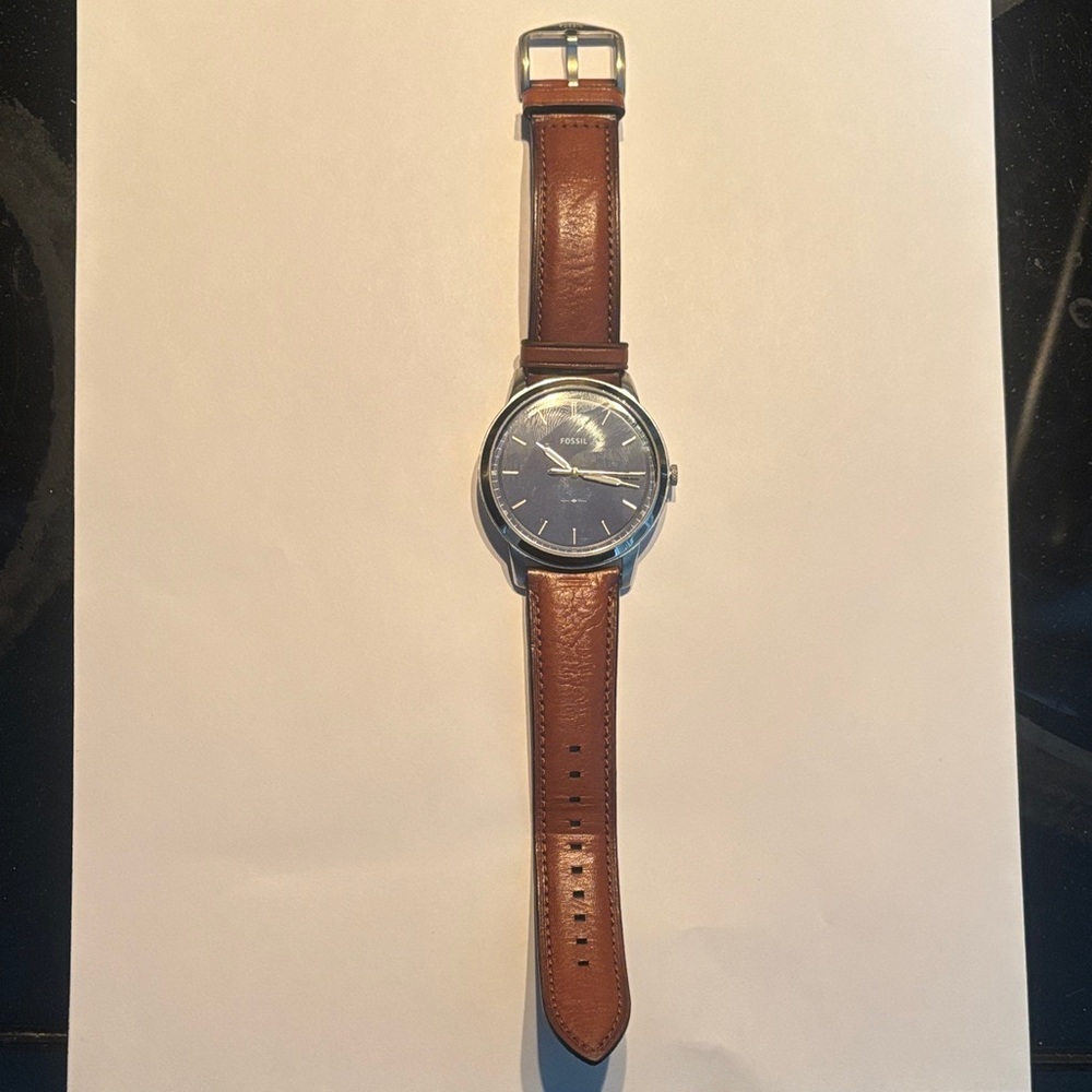 Fossil Blue Dial Watch with Brown Leather Strap